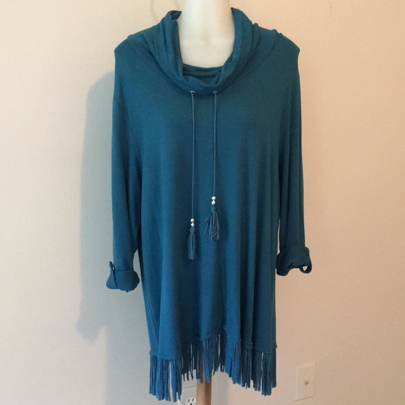 Ruby Road women Tops - Ruby Road Women 1X Teal Top Crowl Neck Fringes